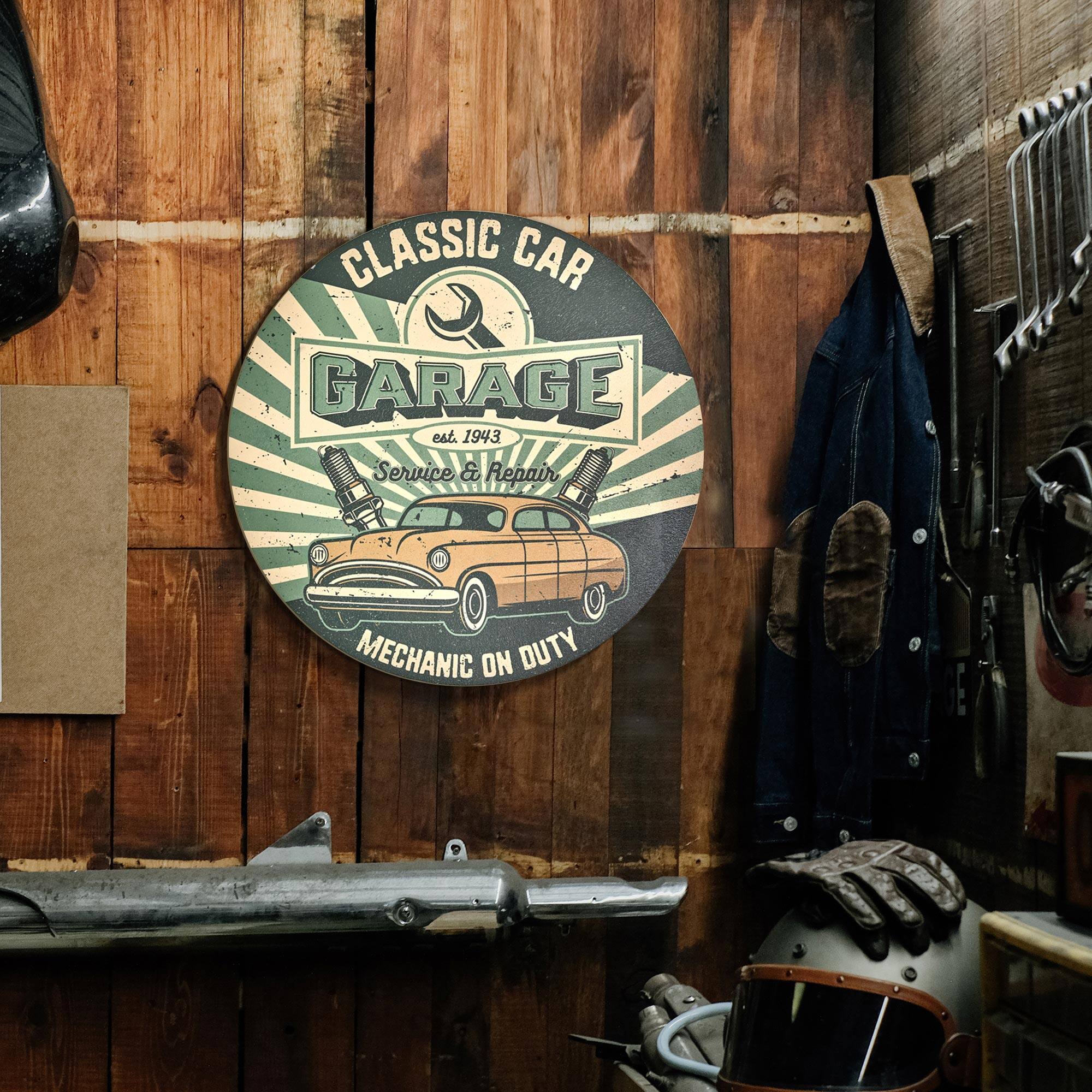 American Art Decor Classic Car Garage Round MDF Wall Plaque - 20" x 20" x 0.35"